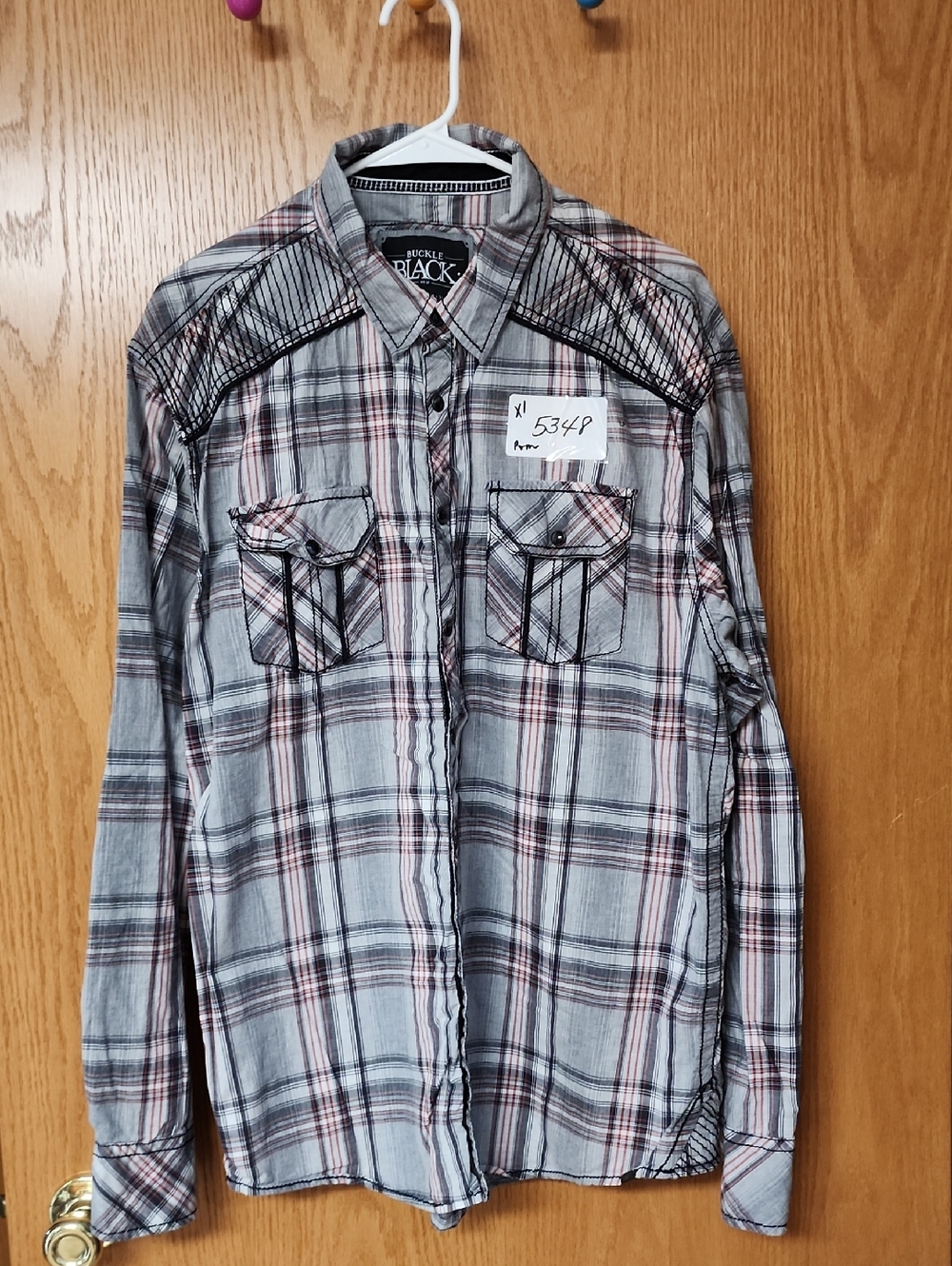 Bke buckle Black Men's Gray Plaid Snap Shirt with Pink Accents XL number 5348